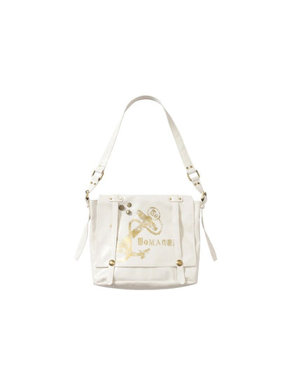 Gold foil print heavy-duty leather shoulder bag【s0000012778】