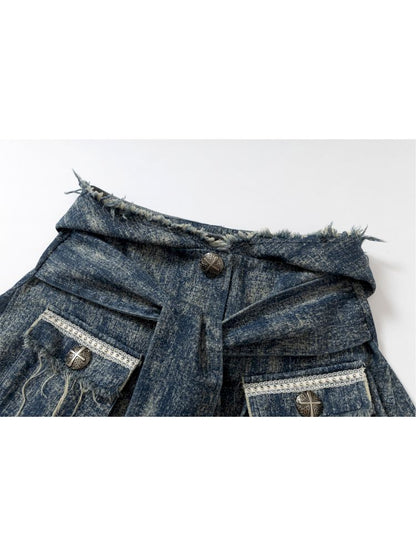 Hooded washed denim shirt dress skirt【s0000012784】