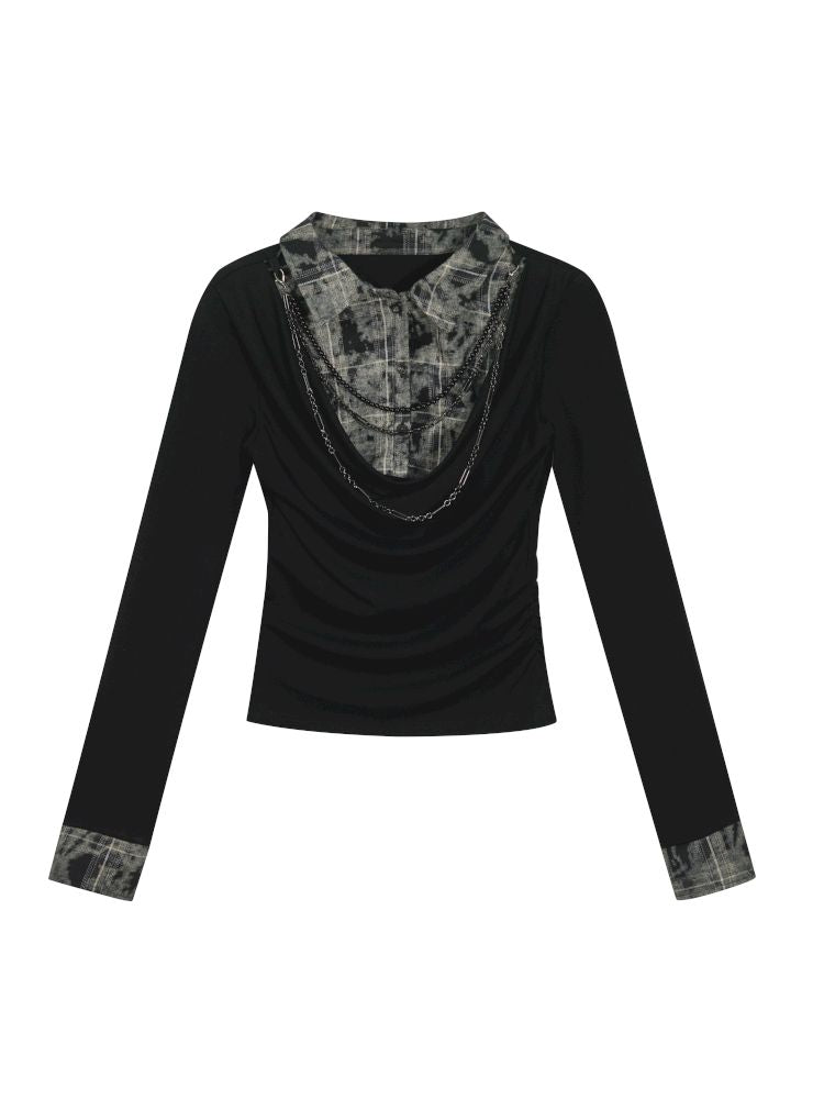 Plaid Tie-Dye Black Swing Neck Long Sleeve Blouse【s0000013887】