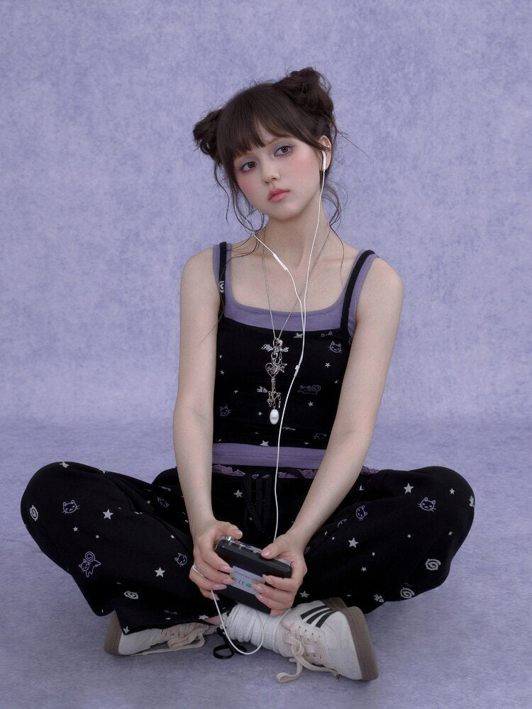Black Purple Lace Print Trousers【s0000016649】