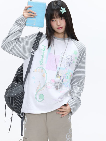 Loose Print Striped Raglan Top【s0000016378】