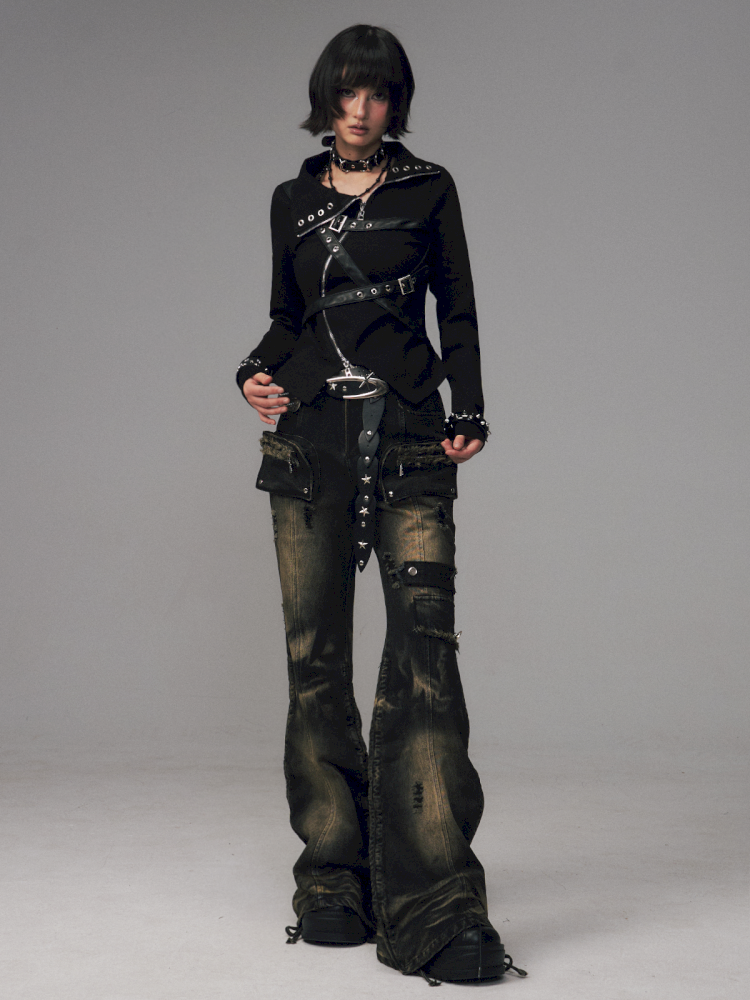 Punk Vintage Washed Drawstring Flared Pants【s0000014706】