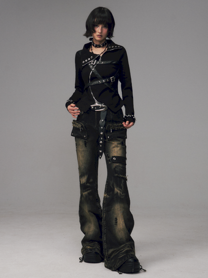 Punk Vintage Washed Drawstring Flared Pants【s0000014706】