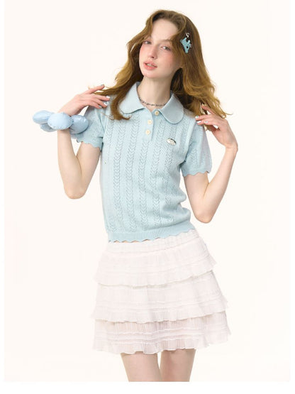 Doll Neck Knit Short Sleeve T-shirt【s0000012235】