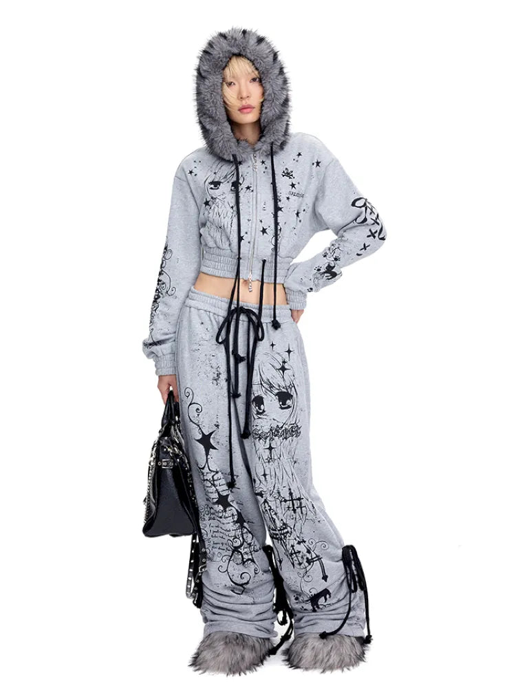 Doodle Print Puffy Drawstring Sweatpants【s0000014092】