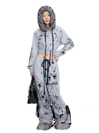 Doodle Print Puffy Drawstring Sweatpants【s0000014092】