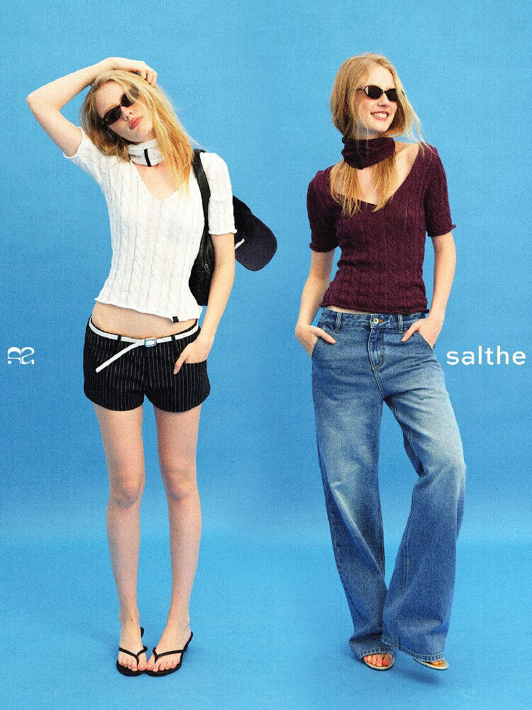 Cut Out Cable V-Neck Knit Top【s0000015928】