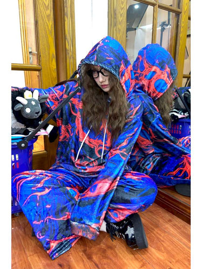 Blue Cell Plush Print Wide-Leg Pants【s0000014869】