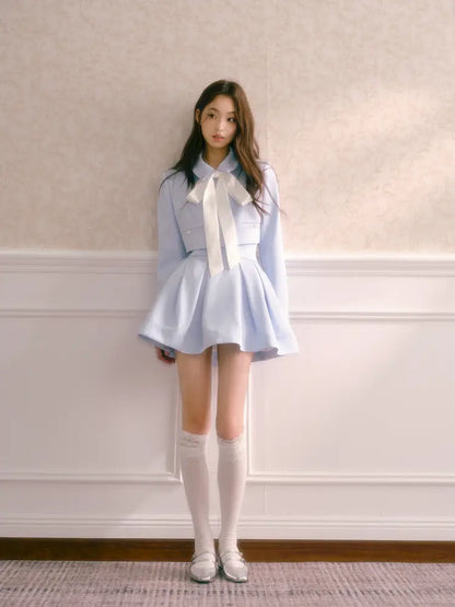 Tie-Front Short Jacket with High-Waisted Structured Pleated Puffy Skirt【s0000014341】
