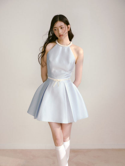 Satin Pearls Hanging Neck Dress【s0000013246】