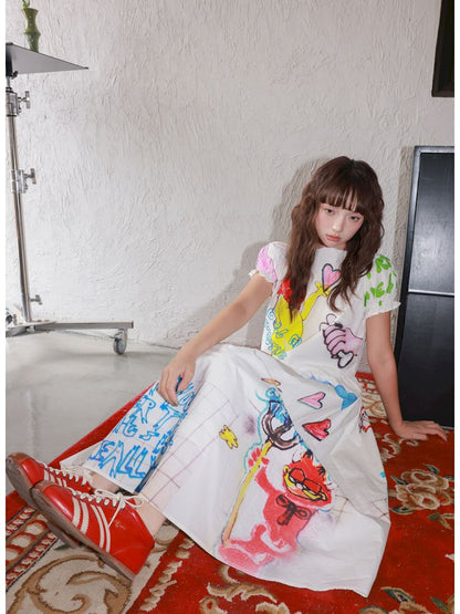 White Graffiti Printed Dress【s0000013336】