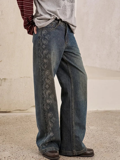 Vintage-Washed Relaxed Straight-Leg Jeans【s0000014043】