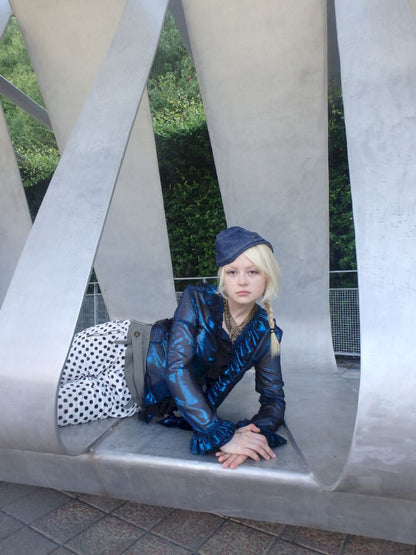 Metallic-colored broken polarized blue mesh cardigan【s0000013178】