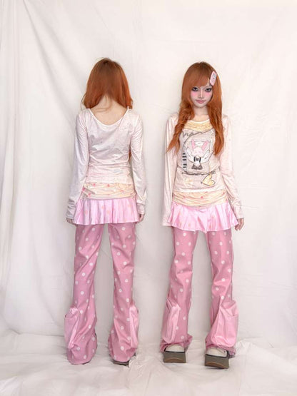 Pink Polka Dot Flared Sweatpants【s0000015401】