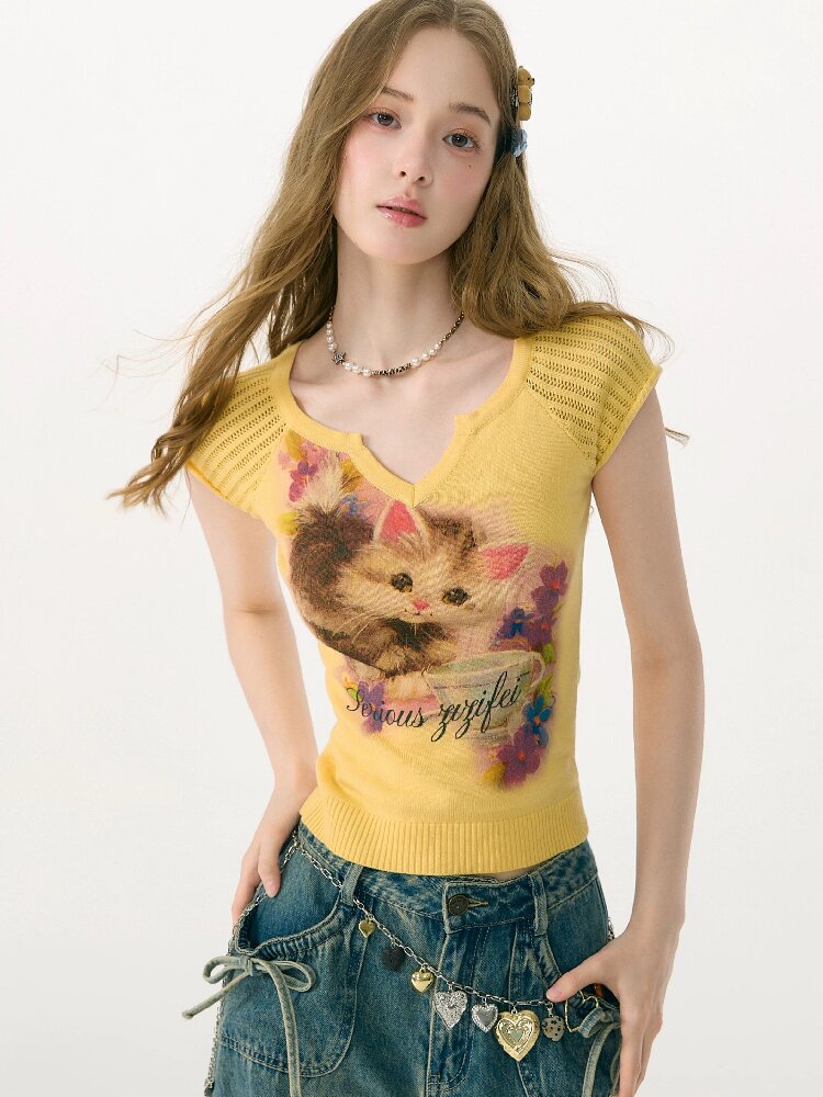 Warm Yellow Cat Print Knitted T-Shirt【s0000017148】