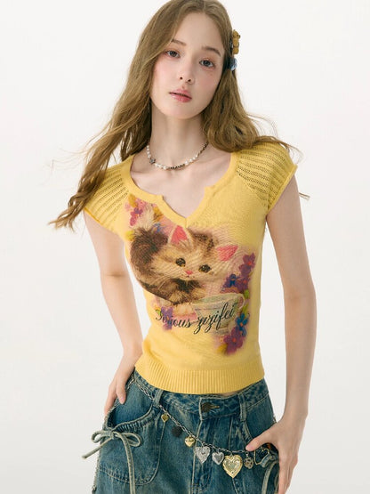 Warm Yellow Cat Print Knitted T-Shirt【s0000017148】