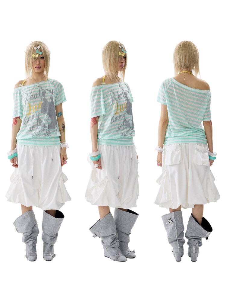 Single Shoulder Striped Halter T Shirt【s0000017640】