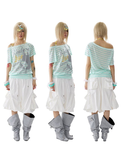 Single Shoulder Striped Halter T Shirt【s0000017640】