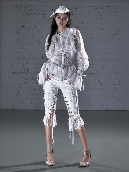 Ruffled Flocked Lace Stand Shirt【s0000016208】