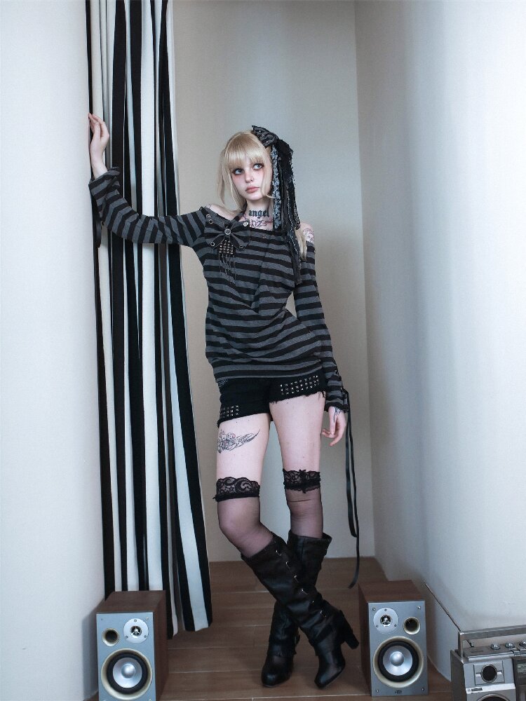 Rivet Eyelet Striped T Shirt【s0000016390】