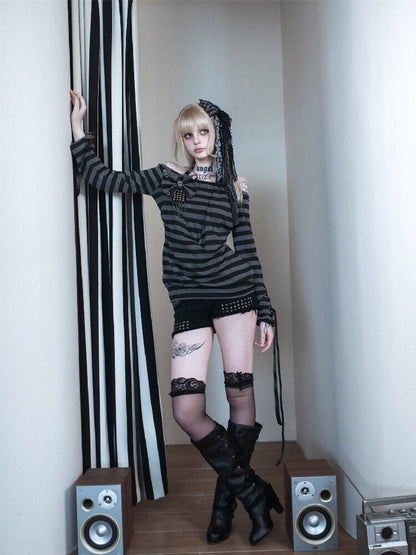 Rivet Eyelet Striped T Shirt【s0000016390】