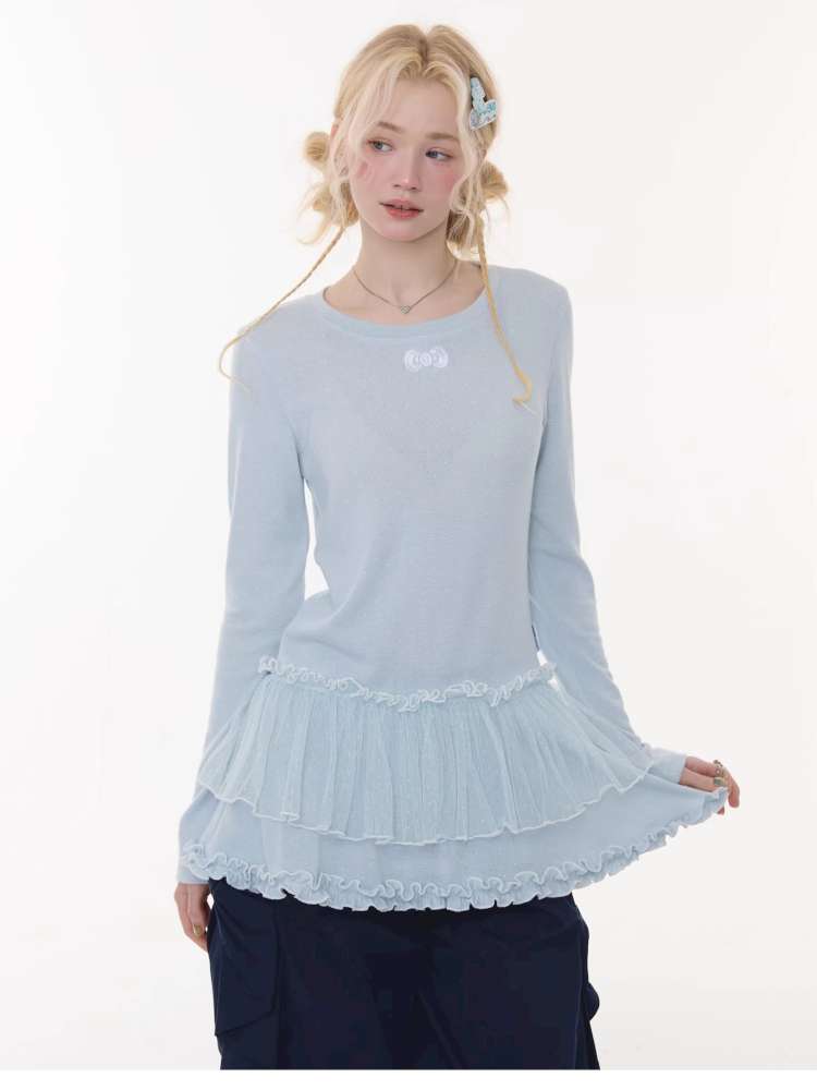Lace Pleated Polka Dot Top【s0000015429】