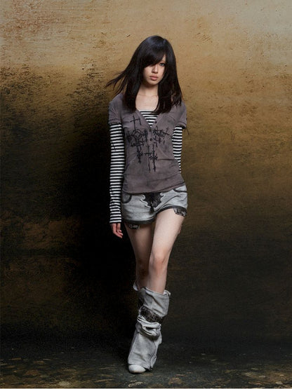 토템 크로스 인쇄 긴 슬리브 티셔츠 [S0000011819]