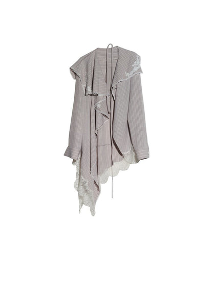 Lace Applique Ruffled Striped Shirt【s0000015700】