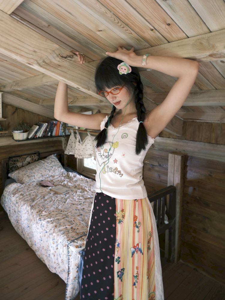 Patchwork lace print polka dot pleated skirt【s0000012769】