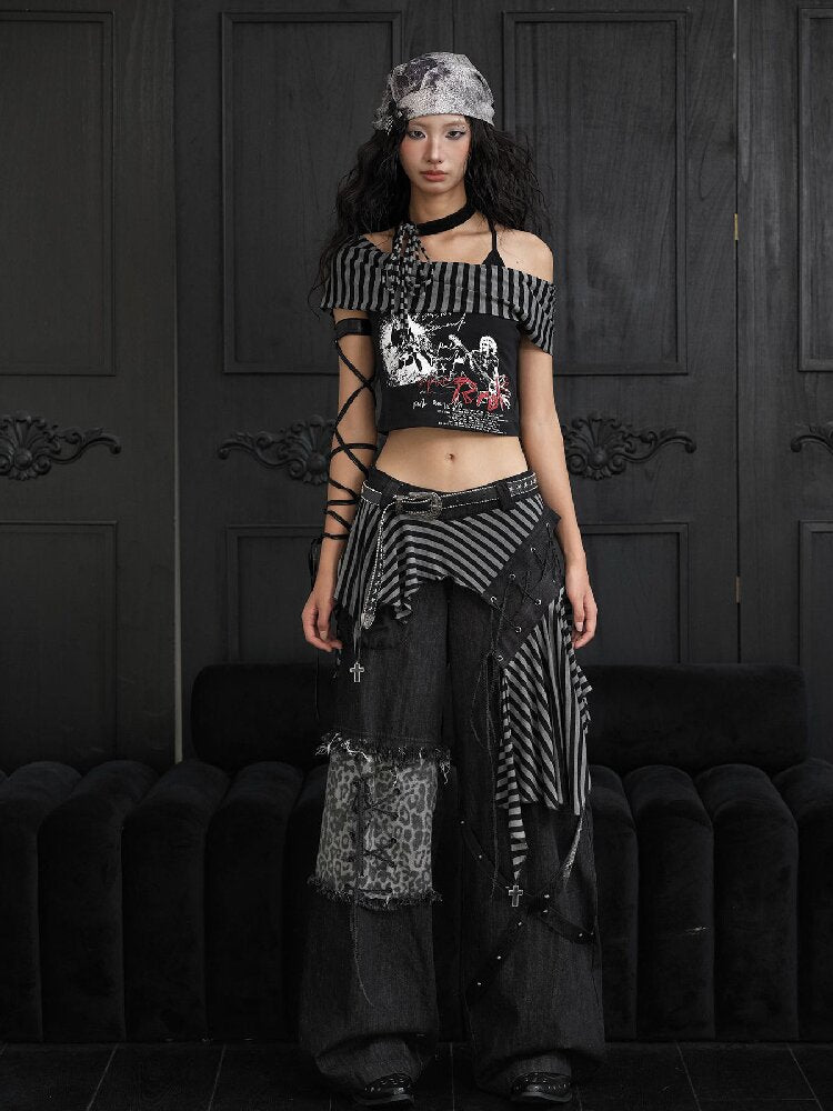 Striped Patchwork Wide Leg Jeans【s0000018182】