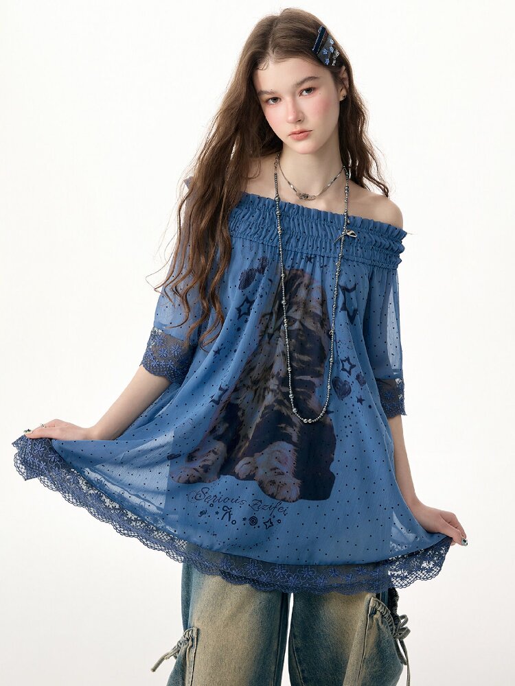 Lace Patchwork Dot Cat Print T-Shirt【s0000017306】