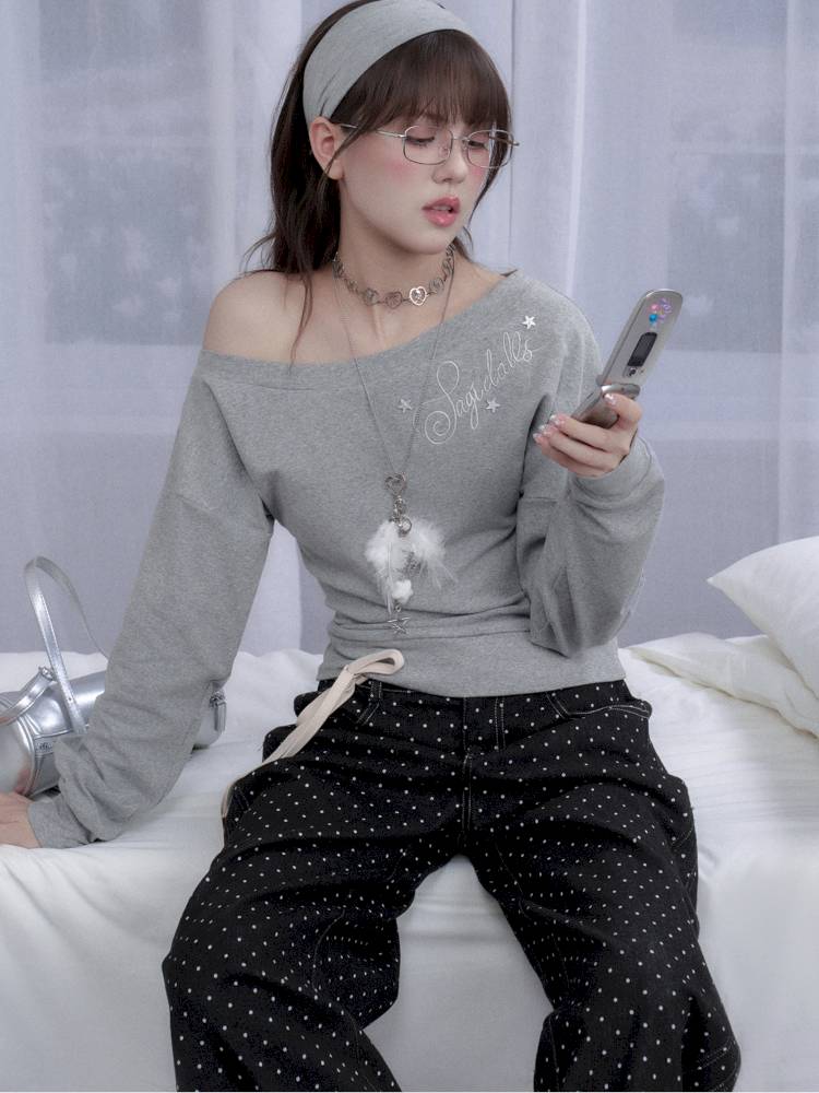 Gray slanted shoulder T-shirt【s0000014371】