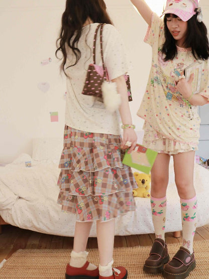 Strawberry Plaid Print Midi Skirt【s0000017504】