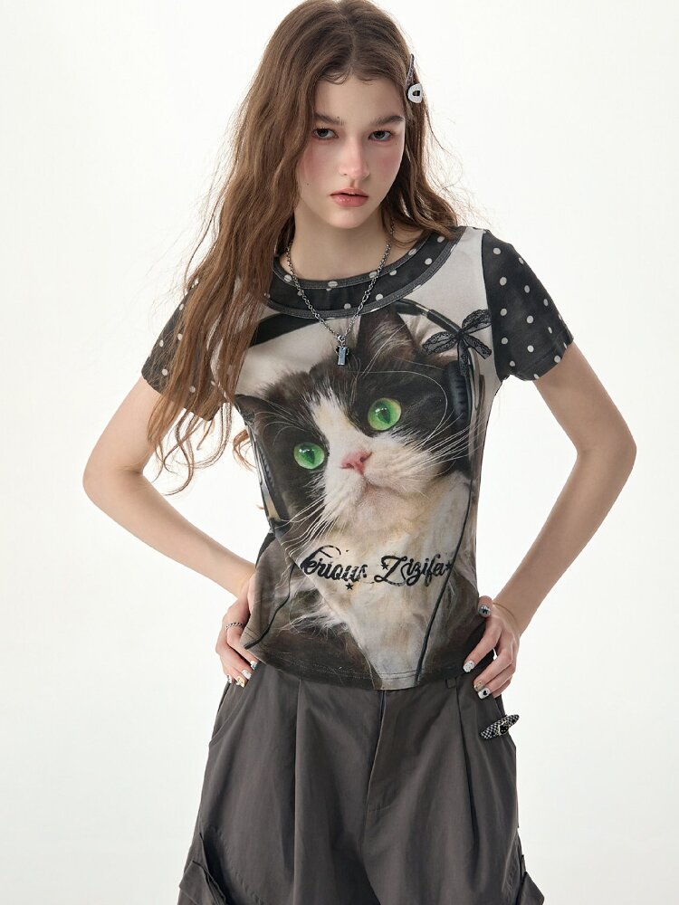 Vintage Polka Dot Cat Print T Shirt【s0000017312】