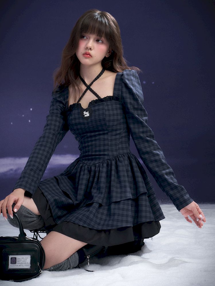 Check Neck Cake Dress【s0000011659】