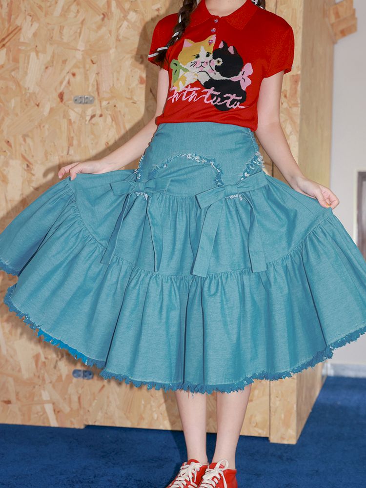 Bow Fringe Patchwork Denim Skirt【s0000013928】