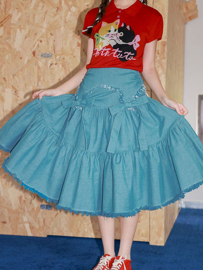 Bow Fringe Patchwork Denim Skirt【s0000013928】