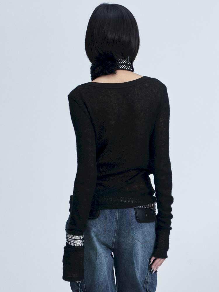 Knitted Mesh Hole Cross Rivet T-shirt【s0000014666】