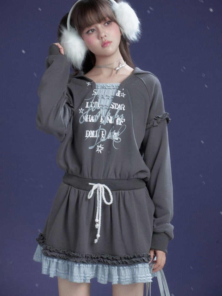 Gray Blue Print Lace Hoodie Dress【s0000015471】
