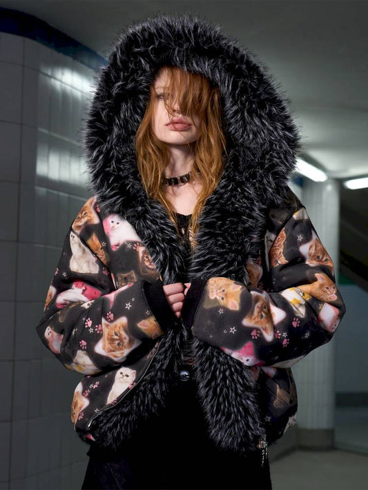 Cat Print Reversible Fleece Jacket【s0000014414】