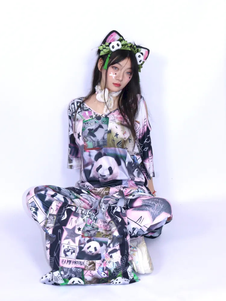 Panda Patchwork Print Off-Shoulder T-Shirt【s0000013979】