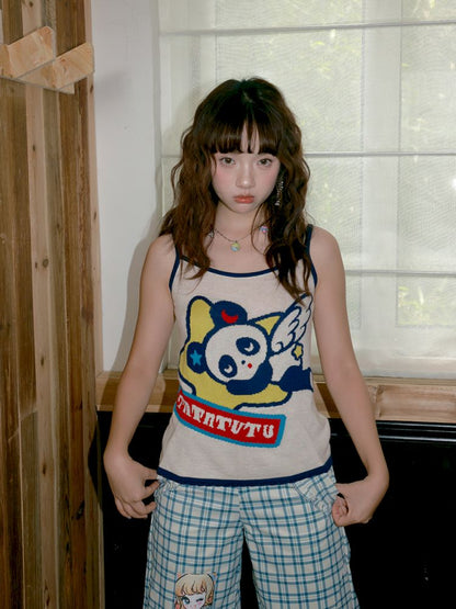 Panda angel pattern knitted halter top【s0000012755】