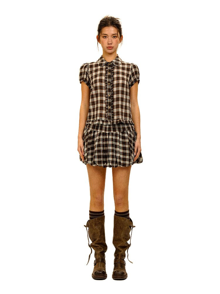 Color Block Plaid Shirt Mini Skirt【s0000017906】