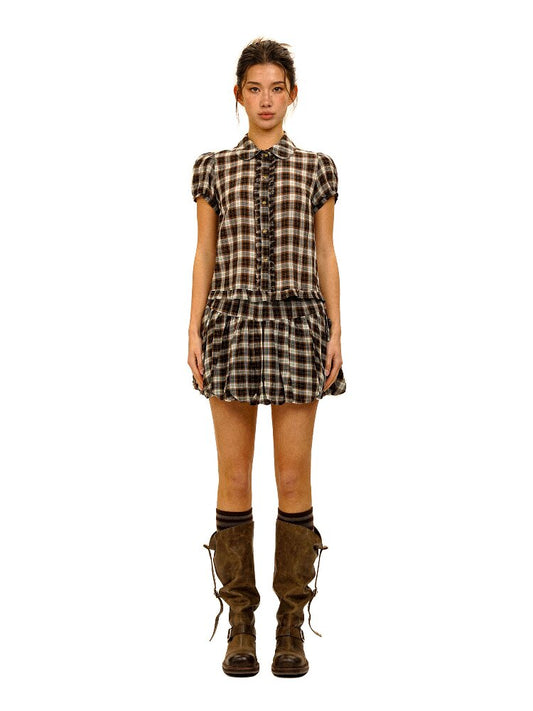 Color Block Plaid Shirt Mini Skirt【s0000017906】