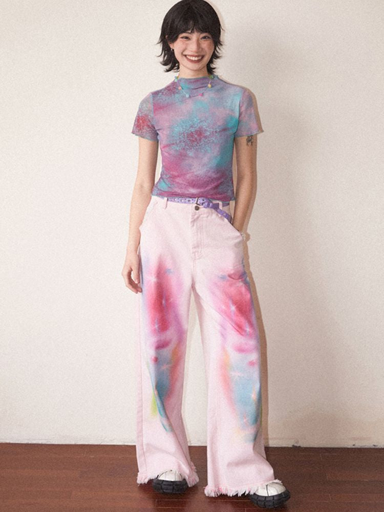 Straight Printed Raw Hem Jeans【s0000008823】