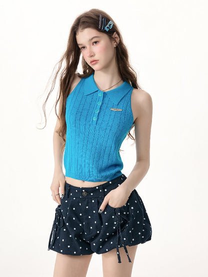 Bubble Halter Polo Knit Tank Top【s0000017256】
