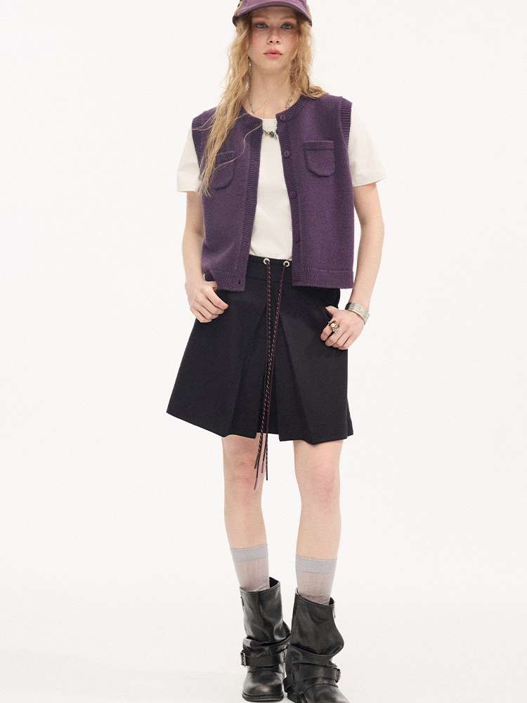 Contrast Strap Pleated A-line Skirt【s0000015414】