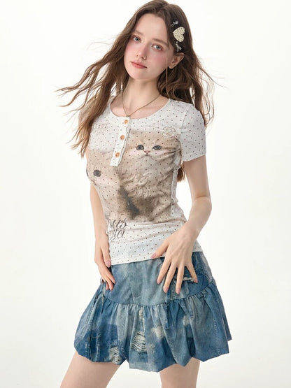 Cat Print Bodysuit Henry T Shirt【s0000017307】