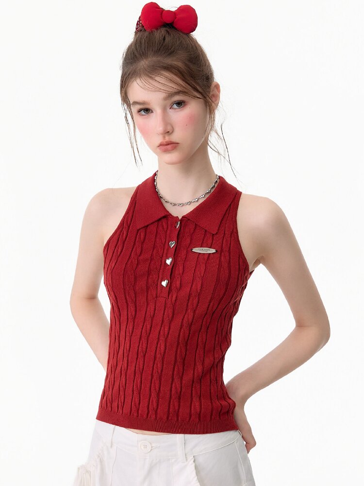 Sleeveless Polo Knit Tank Top【s0000017681】