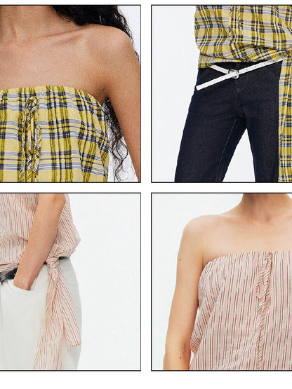 Striped Plaid Lace Up Bandeau Top【s0000015924】